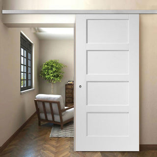 Image: Premium Single Sliding Door & Wall Track - Shaker 4  Panel Door - White Primed