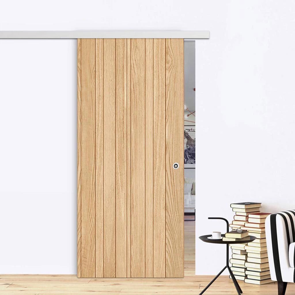 Premium Single Sliding Door & Wall Track - Montreal Oak Flush Internal Door - Prefinished