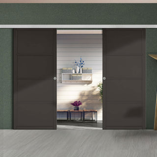 Image: Premium Double Sliding Door & Wall Track - Soho 4 Panel Door - Black Painted - Prefinished