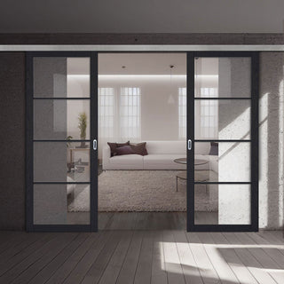 Image: Premium Double Sliding Door & Wall Track - Soho 4 Pane Charcoal Door - Clear Glass - Prefinished