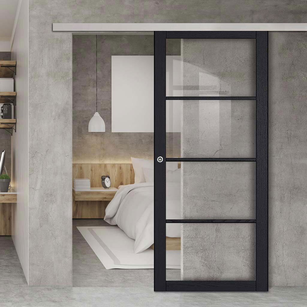 Premium Single Sliding Door & Wall Track - Soho 4 Pane Charcoal Door - Clear Glass - Prefinished