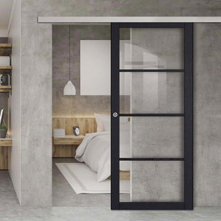 Image: Premium Single Sliding Door & Wall Track - Soho 4 Pane Charcoal Door - Clear Glass - Prefinished