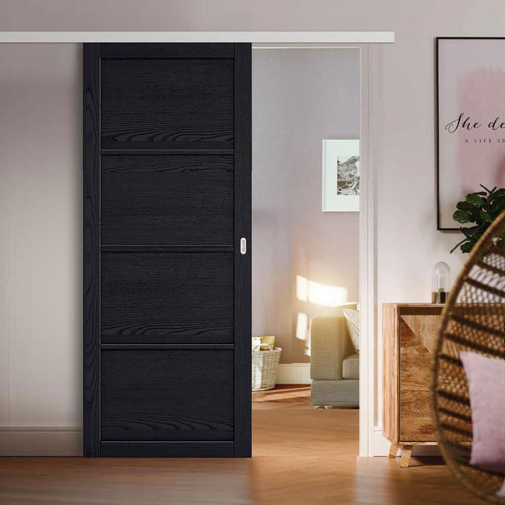 Premium Single Sliding Door & Wall Track - Soho 4 Panel Charcoal Door - Prefinished