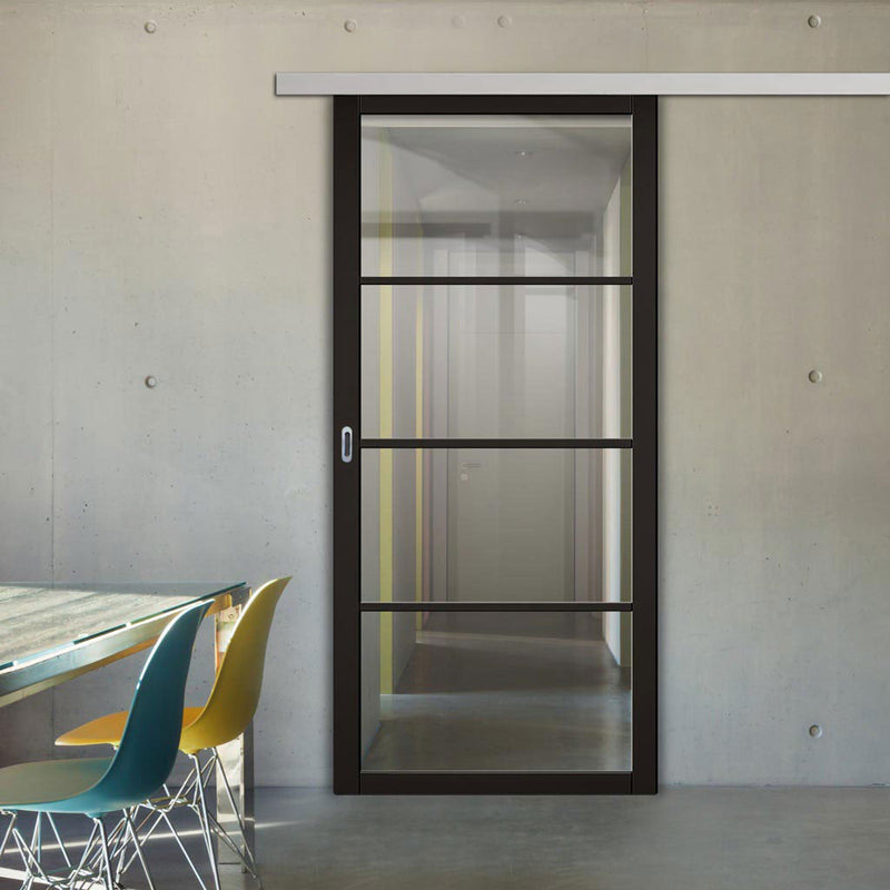 Premium Single Sliding Door & Wall Track - Soho 4 Pane Door - Black Painted - Clear Glass