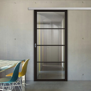 Image: Premium Single Sliding Door & Wall Track - Soho 4 Pane Door - Black Primed - Clear Glass