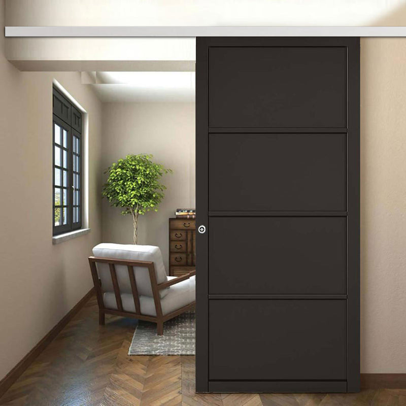Premium Single Sliding Door & Wall Track - Soho 4 Panel Door - Black Painted - Prefinished