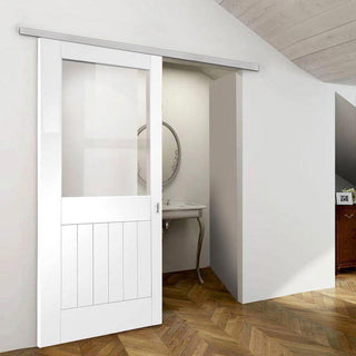 Image: Premium Single Sliding Door & Wall Track - Suffolk Door - Clear Glass - White Primed
