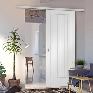 Image: Premium Single Sliding Door & Wall Track - Suffolk Flush Door - White Primed