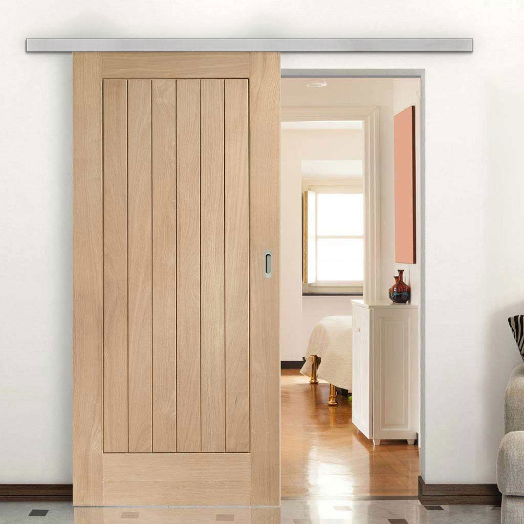 Premium Single Sliding Door & Wall Track - Suffolk Essential Oak Door - Unfinished