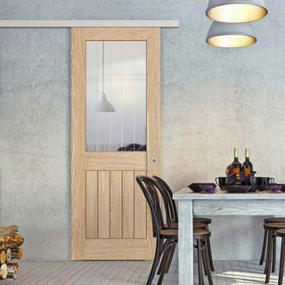 Image: Premium Single Sliding Door & Wall Track - Belize Oak Door - Silkscreen Etched Glass - Unfinished