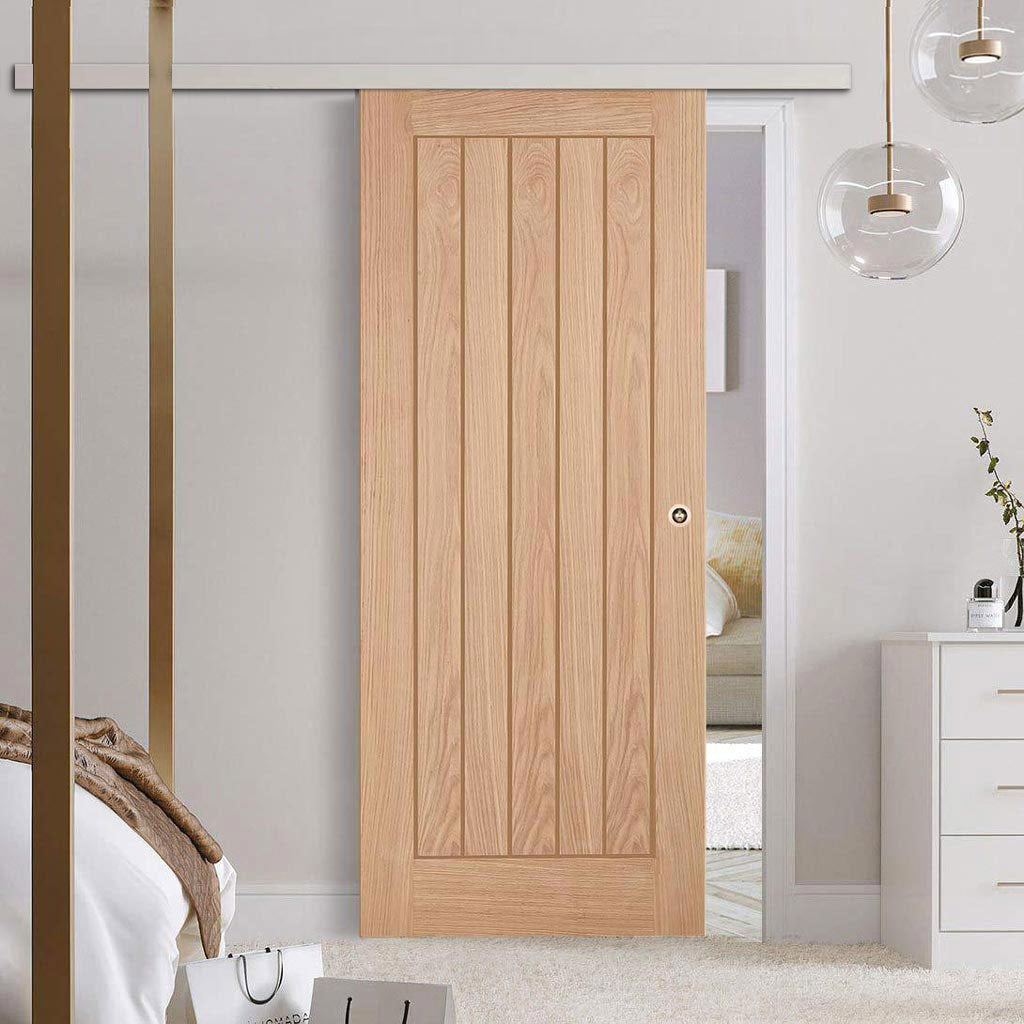 Premium Single Sliding Door & Wall Track - Belize Flush Oak Door - Unfinished