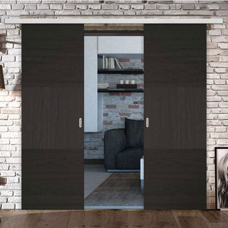 Image: Premium Double Sliding Door & Wall Track - Tres Charcoal Black Flush Door - Prefinished