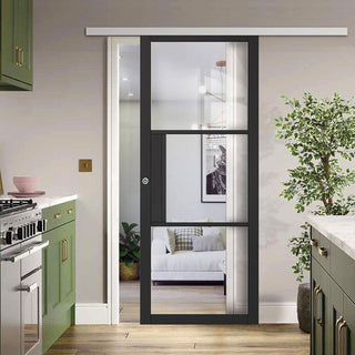 Image: Premium Single Sliding Door & Wall Track - Tribeca 3 Pane Black Primed Door - Clear Glass
