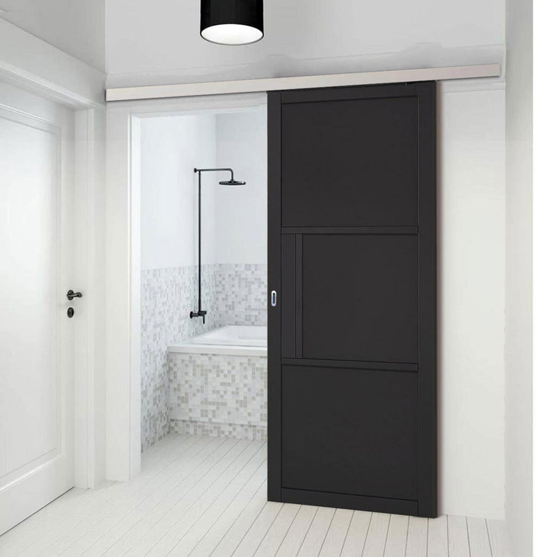 Premium Single Sliding Door & Wall Track - Tribeca 3 Panel Black Painted Door - Prefinished