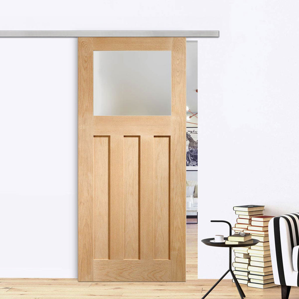 Premium Single Sliding Door & Wall Track - DX 1930's Oak Door - Obscure Glass - Prefinished