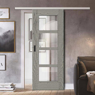Image: Premium Single Sliding Door & Wall Track - Vancouver Light Grey Door - Clear Glass - Prefinished