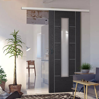 Image: Premium Single Sliding Door & Wall Track - Laminate Vancouver Black Door - Prefinished - Clear Glass - Prefinished