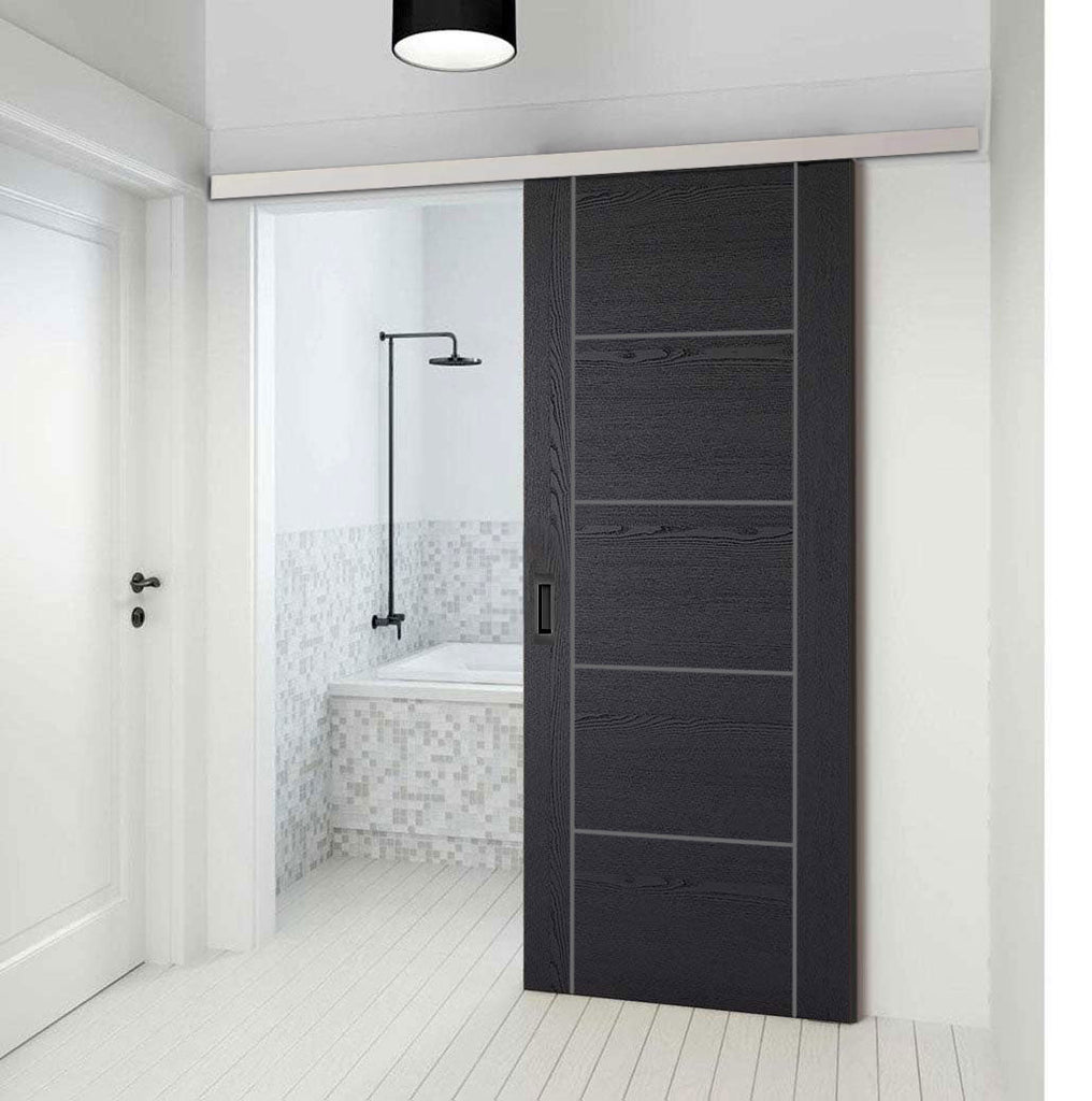 Premium Single Sliding Door & Wall Track - Laminate Vancouver Black Door - Prefinished