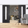 Premium Double Sliding Door & Wall Track - Laminate Vancouver Black Door - Clear Glass - Prefinished