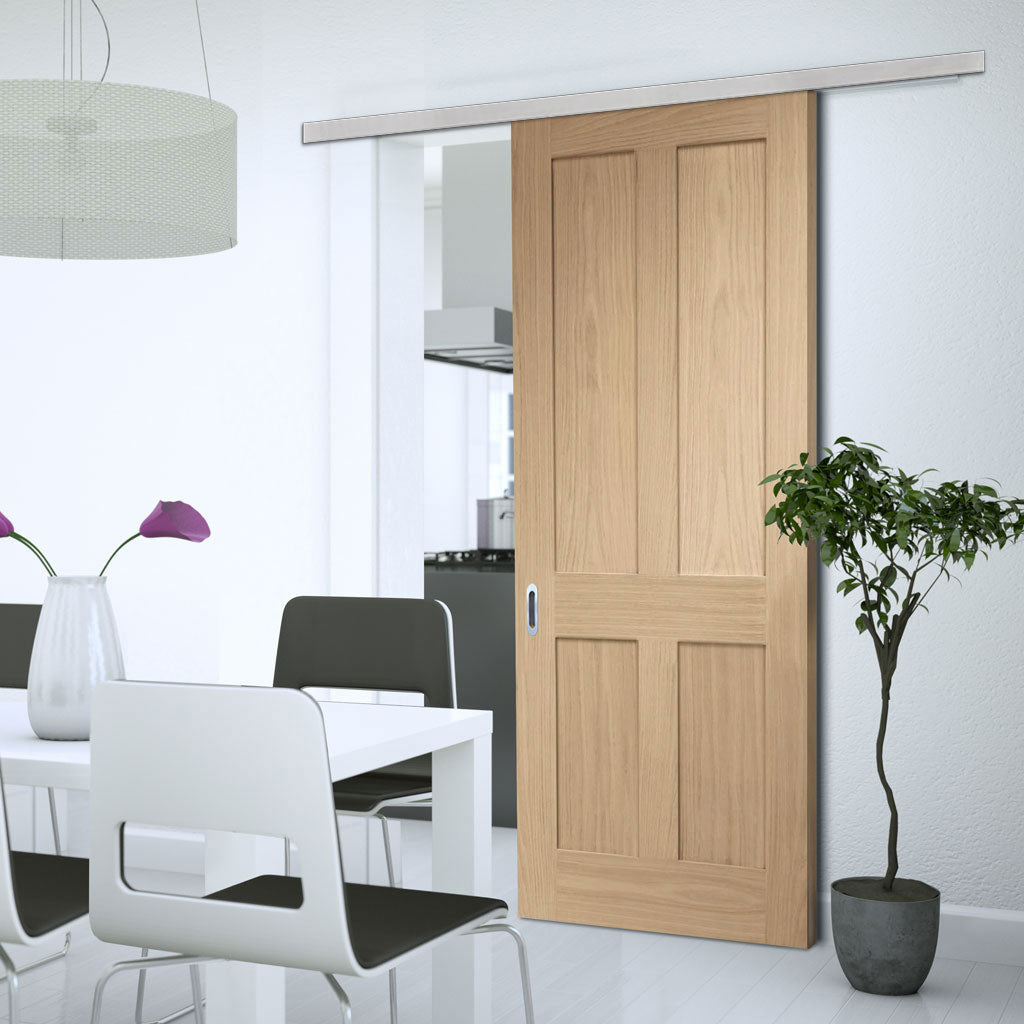 Premium Single Sliding Door & Wall Track - Victorian Oak 4 Panel Door - No Raised Mouldings - Prefinished