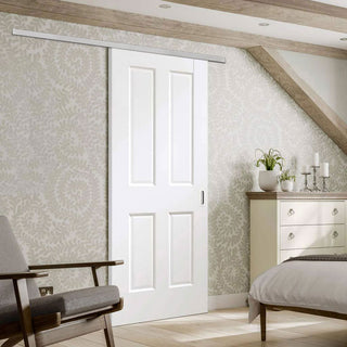 Image: Premium Single Sliding Door & Wall Track - Victorian Shaker 4 Panel Door - White Primed