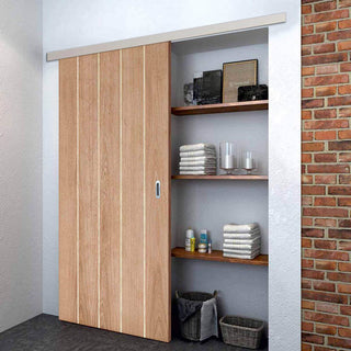 Image: Premium Single Sliding Door & Wall Track - Wexford Oak Panel Door - Unfinished