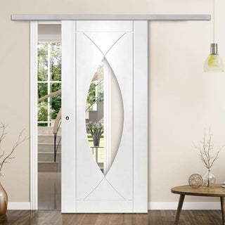 Image: Premium Single Sliding Door & Wall Track - Pesaro Flush Door - Clear Glass - White Primed