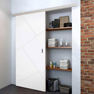 Image: Premium Single Sliding Door & Wall Track - Dover Flush Door - White Primed
