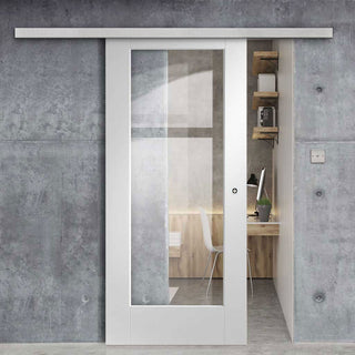 Image: Premium Single Sliding Door & Wall Track - Pattern 10 1 Pane Door - Clear Glass - White Primed