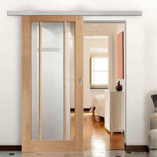 Image: Premium Single Sliding Door & Wall Track - Worcester Oak 3 Pane Door - Clear Glass - Unfinished