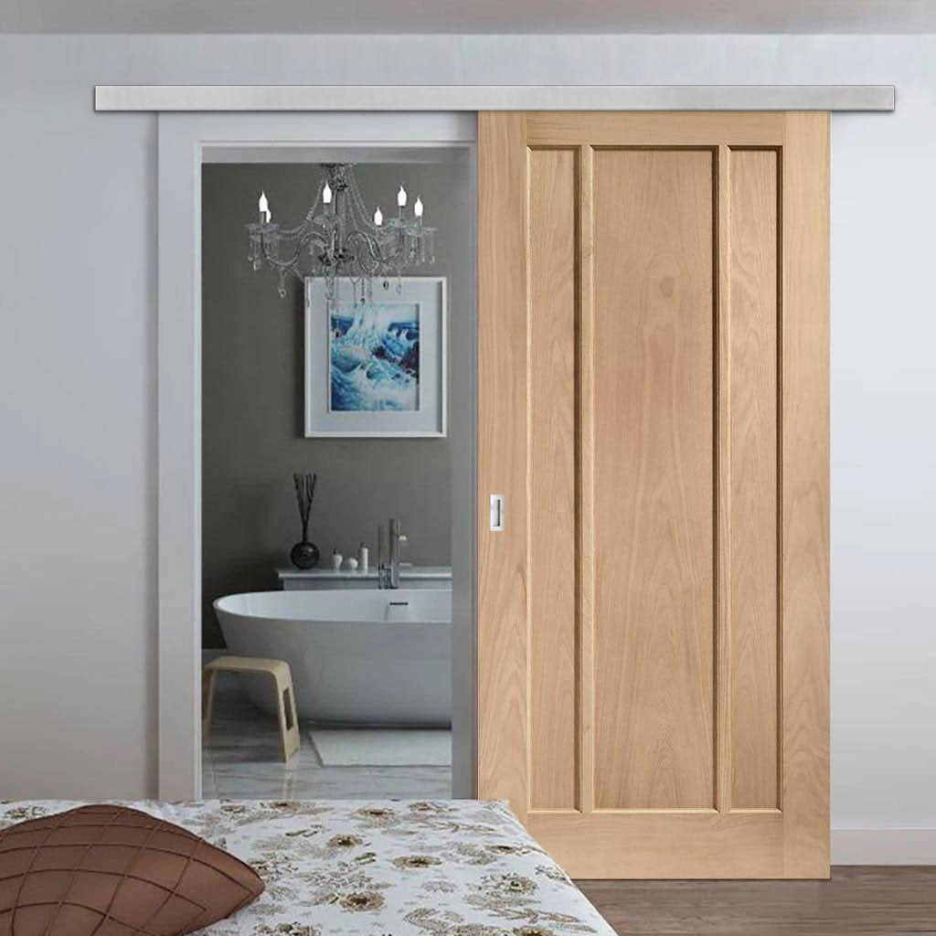 Premium Single Sliding Door & Wall Track - Worcester Oak 3 Panel Door - Prefinished