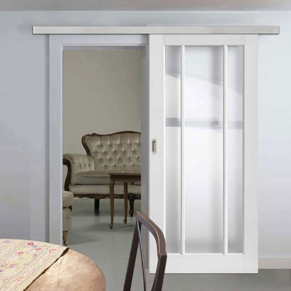 Premium Single Sliding Door & Wall Track - Worcester 3 Pane Door - Clear Glass - White Primed