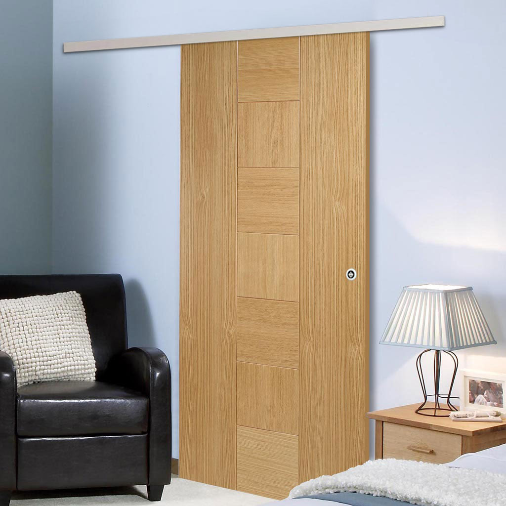 Premium Single Sliding Door & Wall Track - Catalonia Flush Oak Door - Prefinished