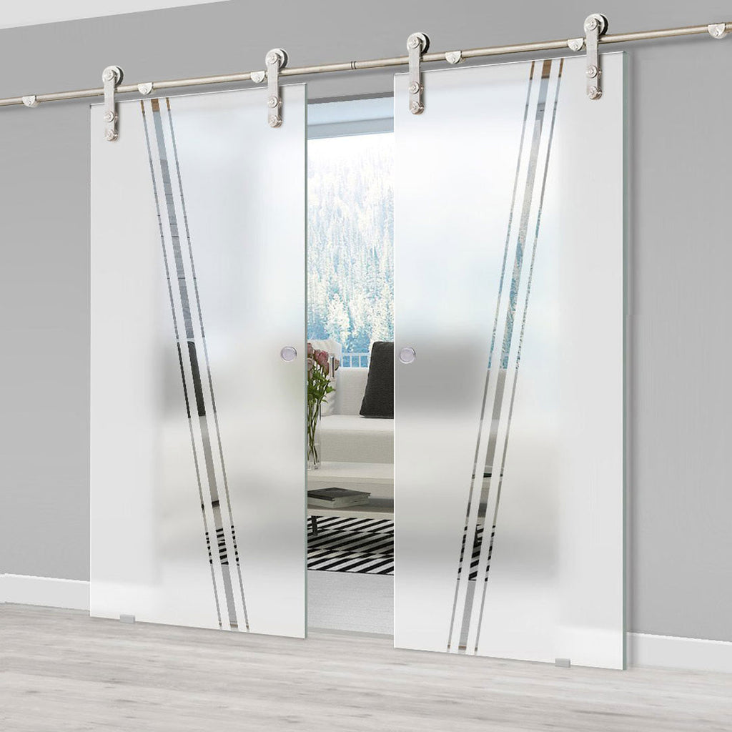 Double Glass Sliding Door - Solaris Tubular Stainless Steel Sliding Track & Preston 8mm Obscure Glass - Clear Printed Design