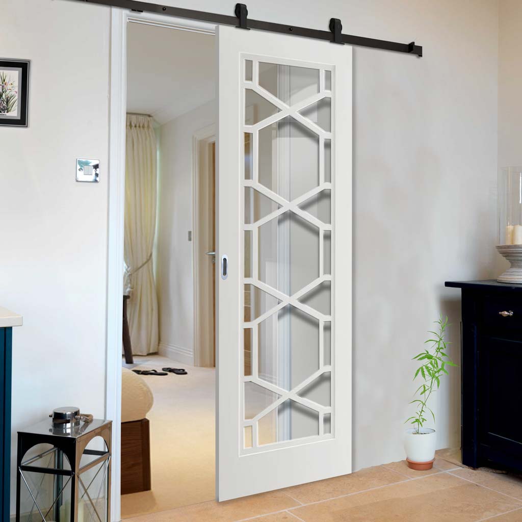 Top Mounted Black Sliding Track & Door - Shaker Quartz Glazed Internal Door - White Primed