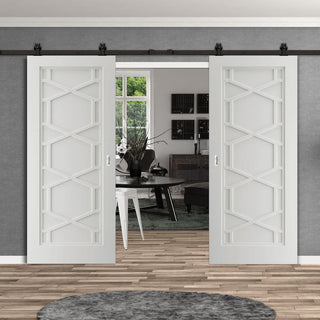 Image: Top Mounted Black Sliding Track & Double Door - Shaker Quartz Internal Door - White Primed