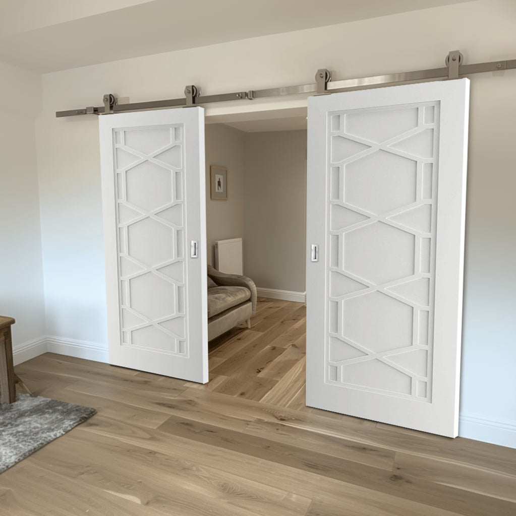 Top Mounted Stainless Steel Sliding Track & Double Door - Shaker Quartz Internal Door - White Primed