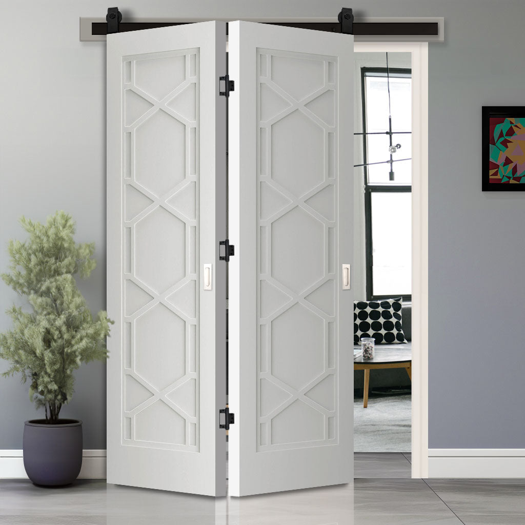 SpaceEasi Top Mounted Black Folding Track & Double Door - Shaker Quartz Internal Door - White Primed