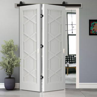 Image: SpaceEasi Top Mounted Black Folding Track & Double Door - Shaker Quartz Internal Door - White Primed