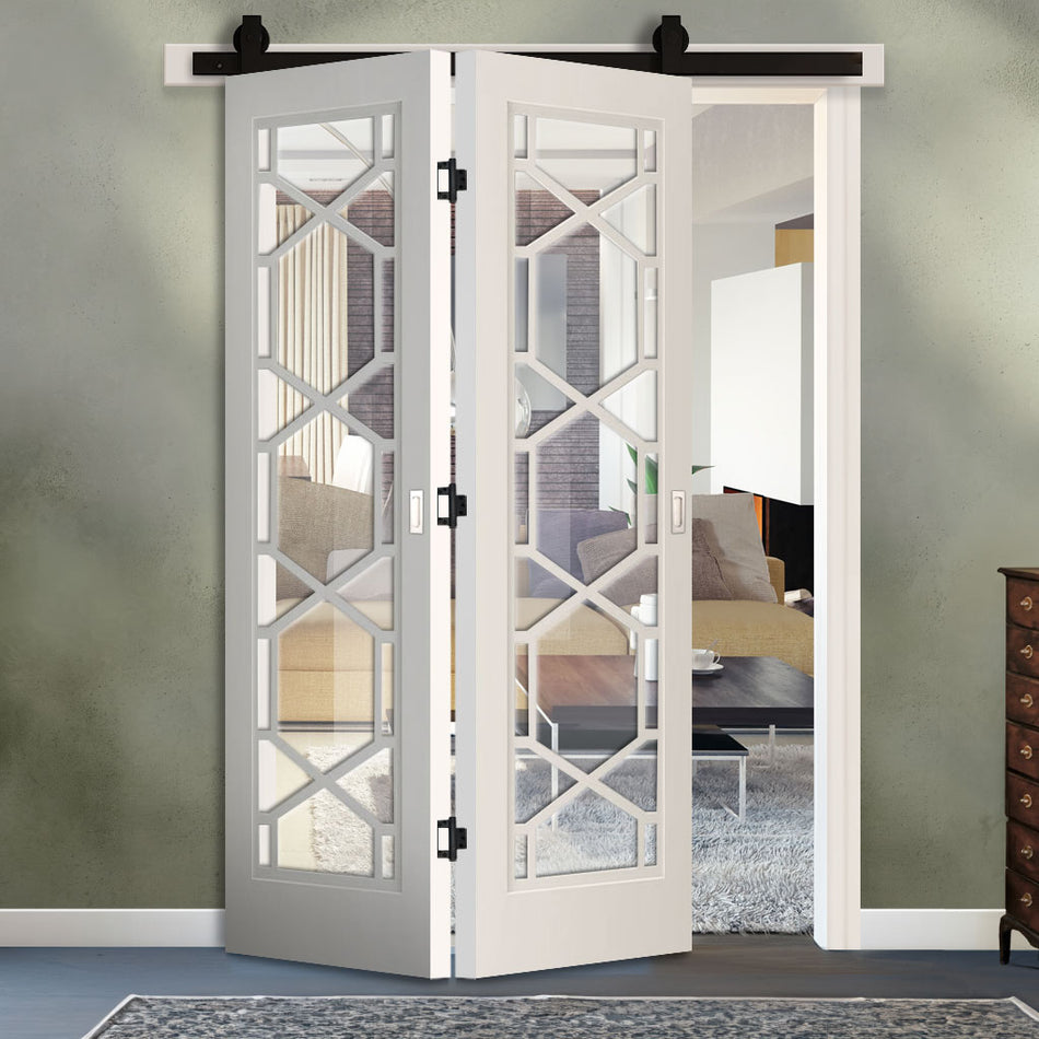 Sliding Top Mounted Black Folding Track & Double Door - Shaker Quartz Glazed Internal Door - White Primed