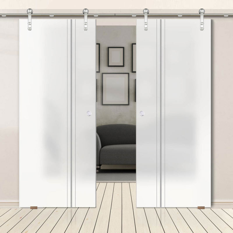 Double Glass Sliding Door - Solaris Tubular Stainless Steel Sliding Track & Ratho 8mm Obscure Glass - Obscure Printed Design