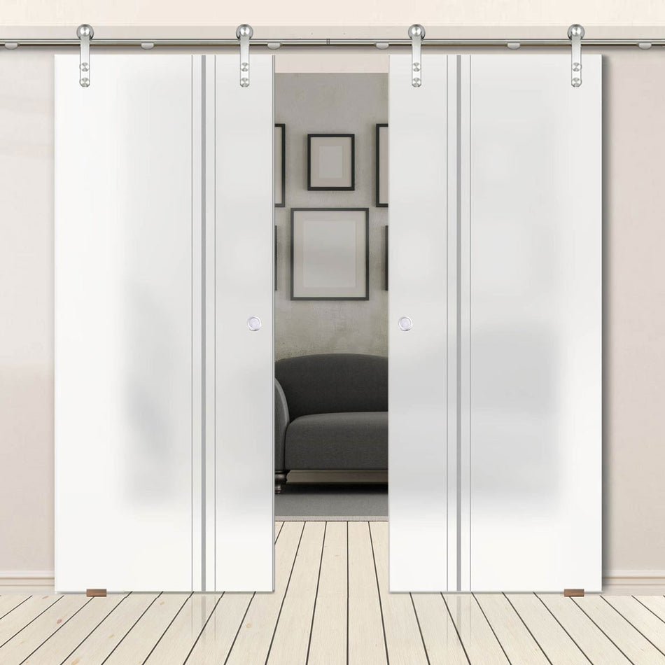 Double Glass Sliding Door - Solaris Tubular Stainless Steel Sliding Track & Ratho 8mm Obscure Glass - Obscure Printed Design