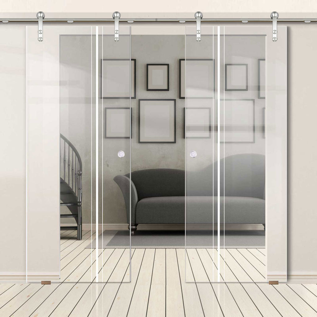 Double Glass Sliding Door - Solaris Tubular Stainless Steel Sliding Track & Ratho 8mm Clear Glass - Obscure Printed Design