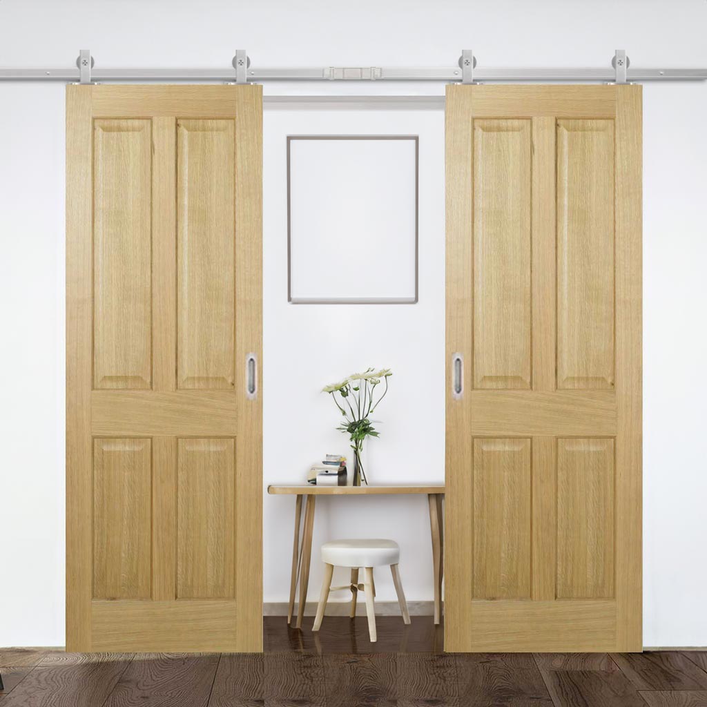 Top Mounted Stainless Steel Sliding Track & Double Door - Regency 4 Panel Oak Doors - Prefinished