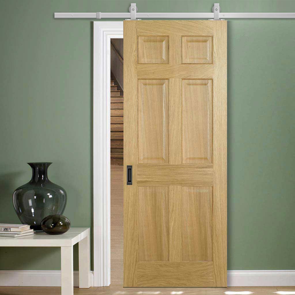 Top Mounted Stainless Steel Sliding Track & Door - Regency 6 Panel Oak Door - Prefinished