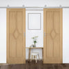 Top Mounted Stainless Steel Sliding Track & Double Door - Reims Diamond 5 Panel Oak Doors - Prefinished