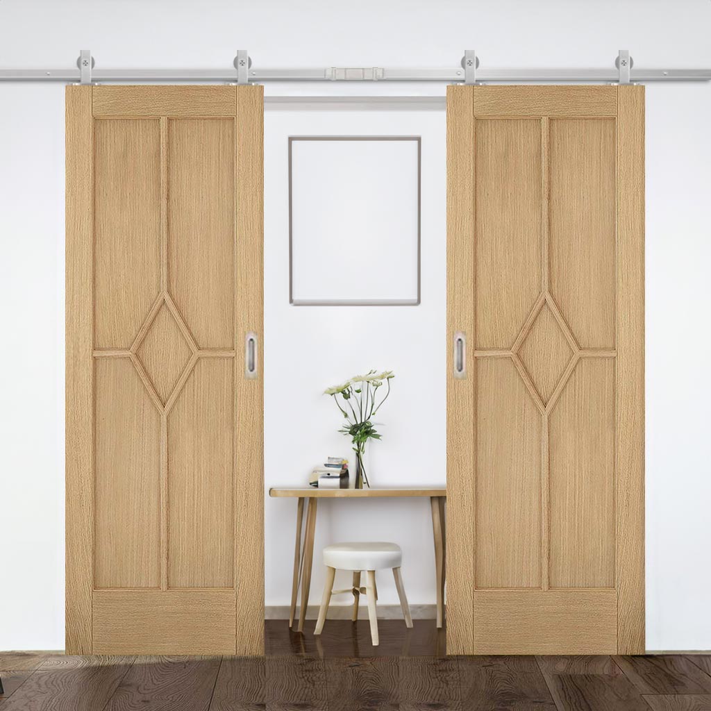 Top Mounted Stainless Steel Sliding Track & Double Door - Reims Diamond 5 Panel Oak Doors - Prefinished