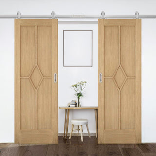 Image: Top Mounted Stainless Steel Sliding Track & Double Door - Reims Diamond 5 Panel Oak Doors - Prefinished