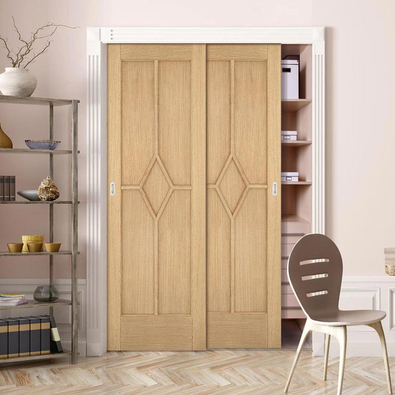 Minimalist Wardrobe Door & Frame Kit - Two Reims Diamond 5 Panel Oak Door - Prefinished