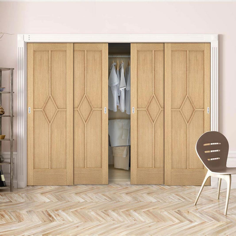 Minimalist Wardrobe Door & Frame Kit - Four Reims Diamond 5 Panel Oak Door - Prefinished